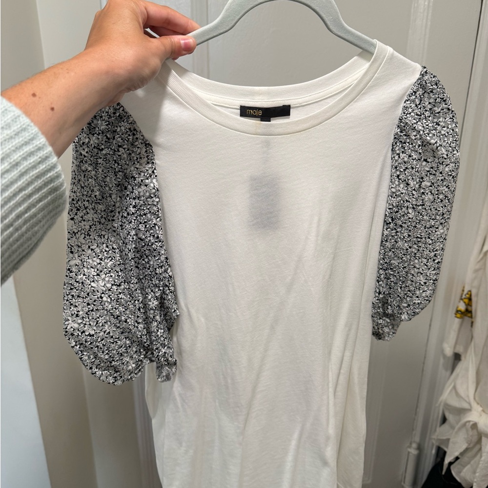 Maje White Short Sleeve Tee with Fun Sleeves